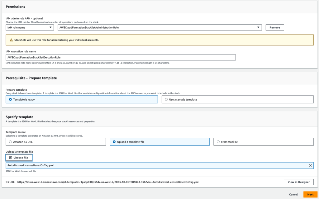Stack creation with the options selected of Template is ready, upload a template file and select Choose file to specify the file provided. The optional field to provide an IAM admin role is optional and only required if you are deploying into other regions within the account.