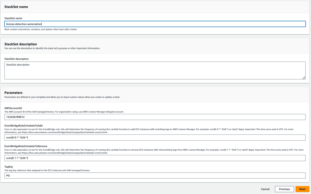 Stack details screen, you must match the TagKey to the TagKey you are using for both the self-managed license as well as the EC2 instances.