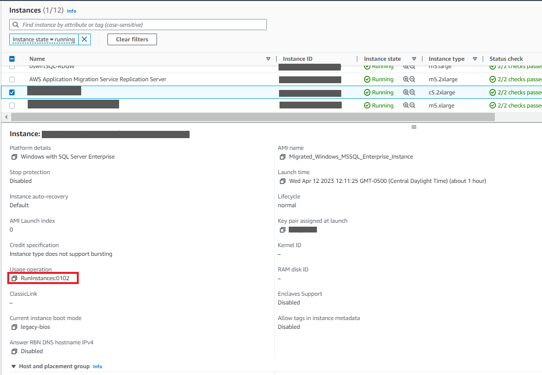 Amazon EC2 Console displaying updated usage operation