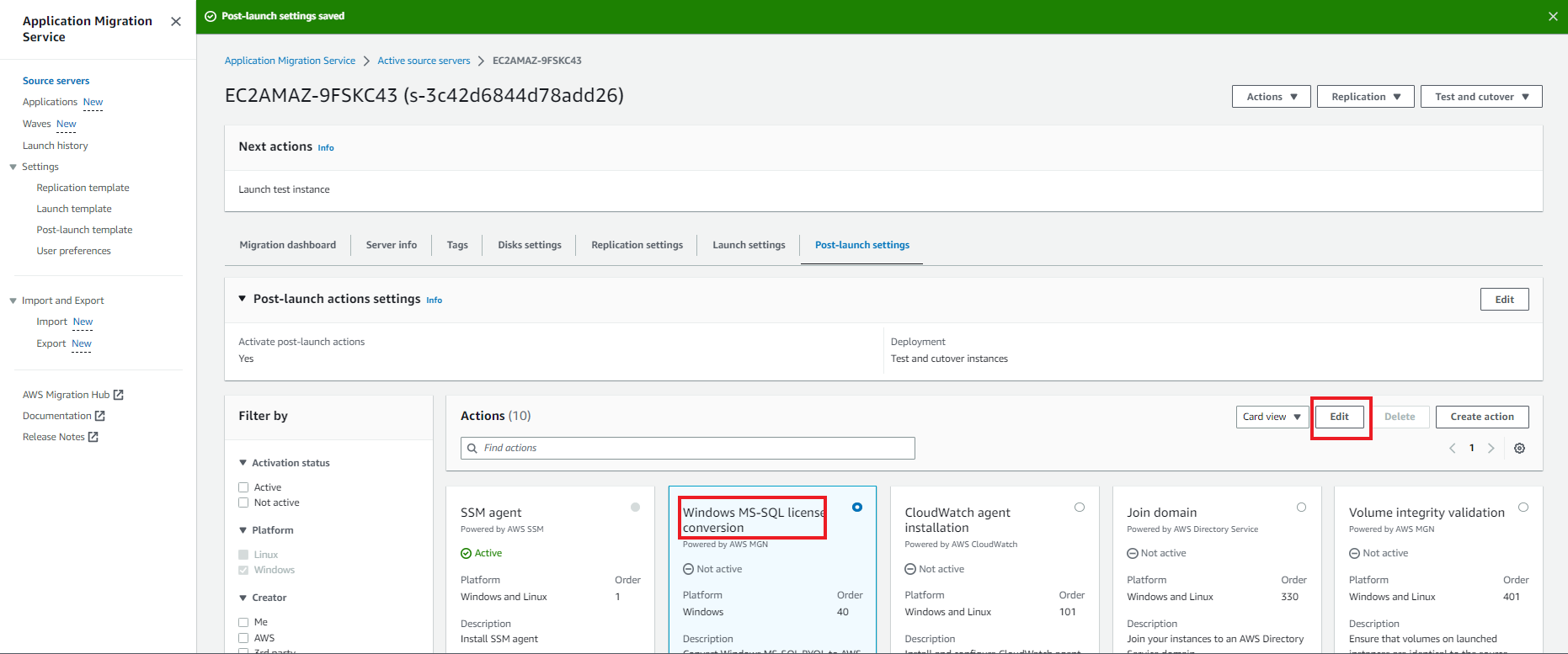 Post-launch Settings for specific source server