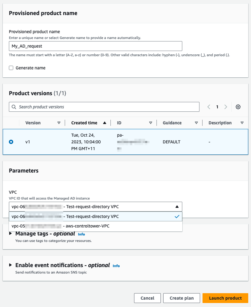 Service Catalog product parameters