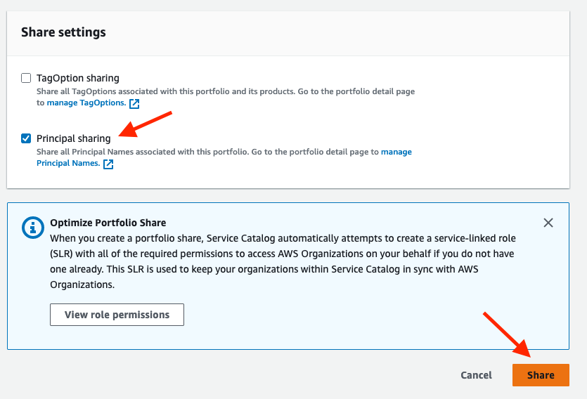 Service Catalog Principal sharing