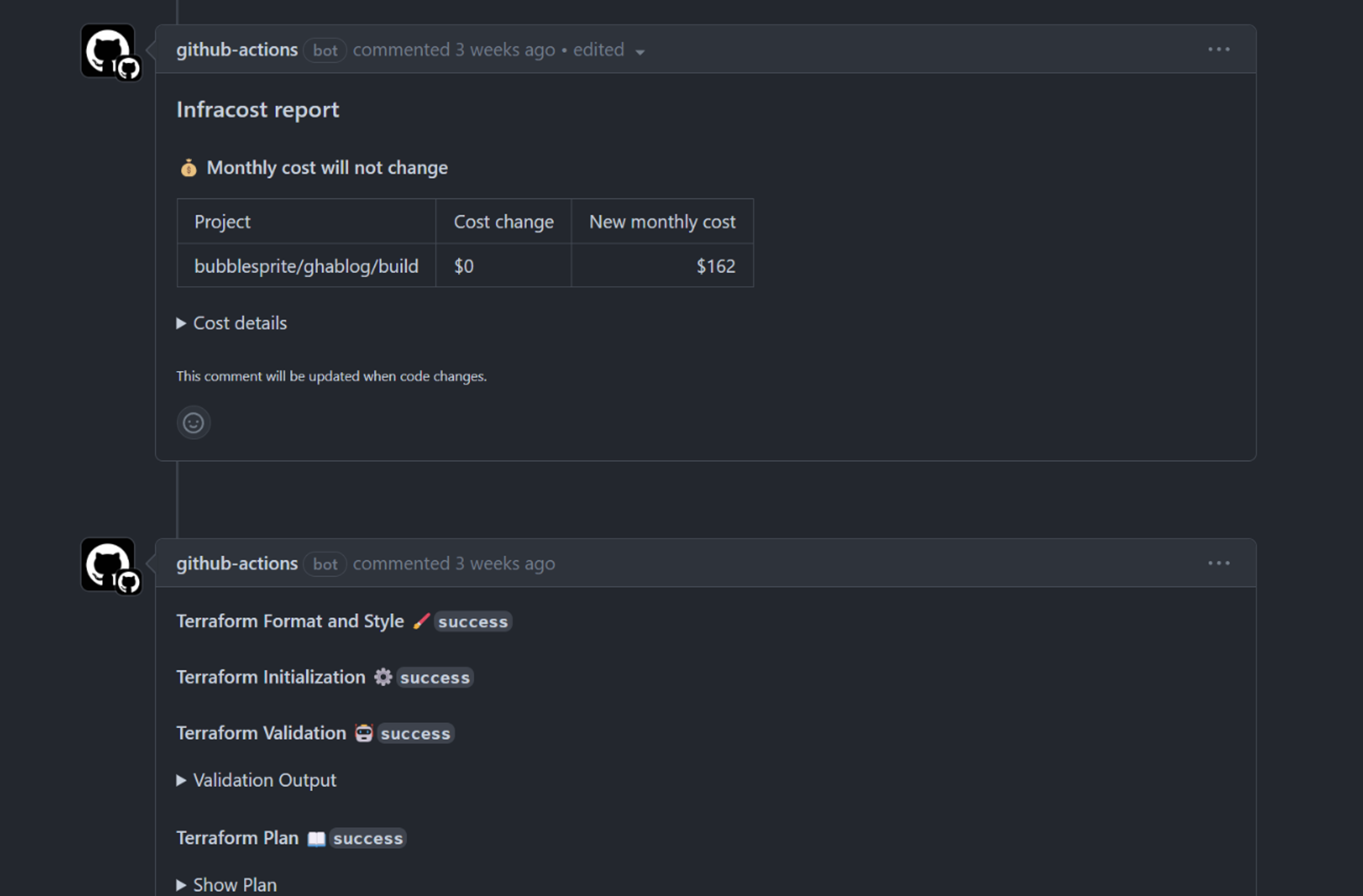 PR comment showing Infracost cost estimate and Terraform validation outputs