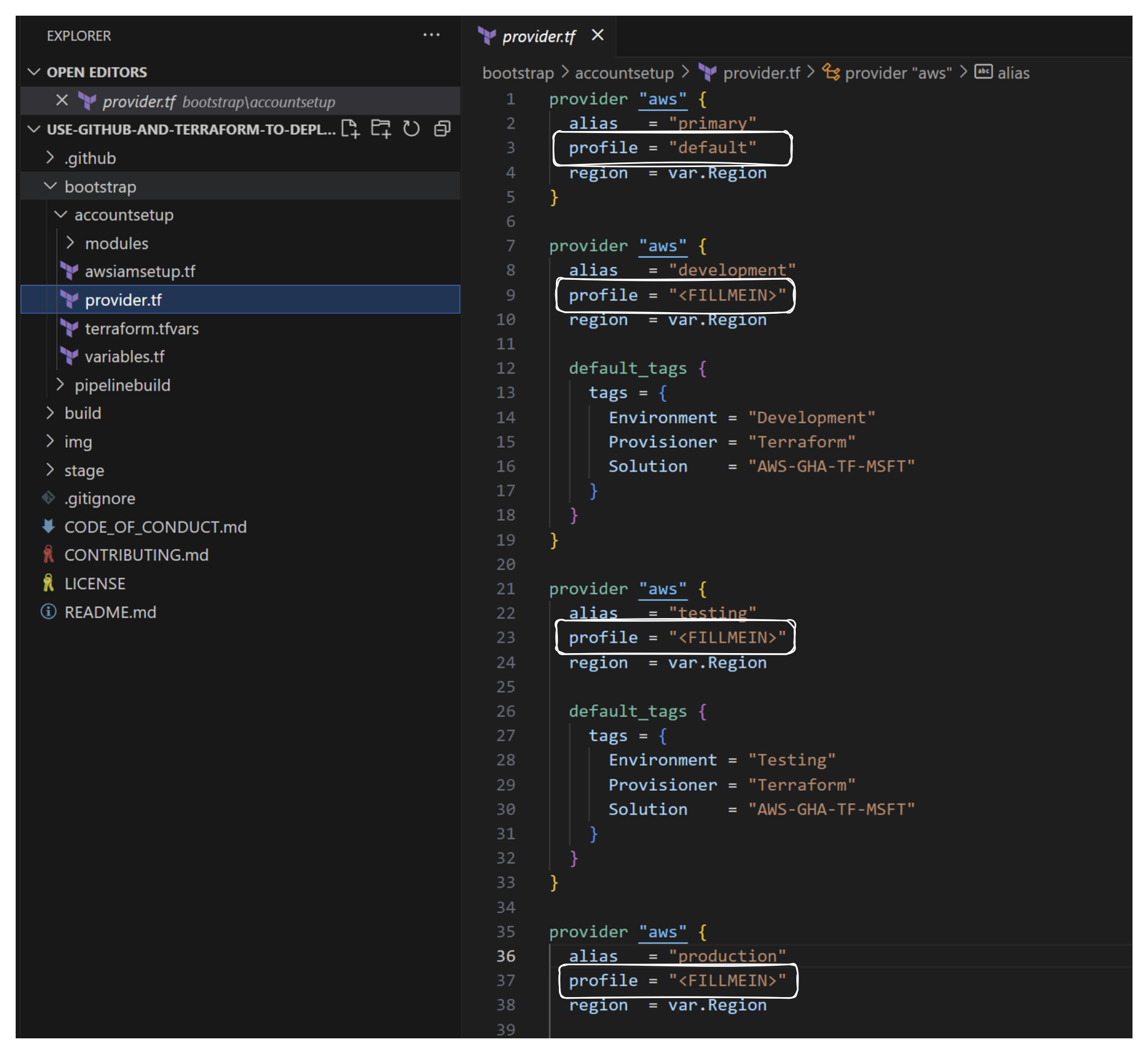 Modifying provider.tf file profiles