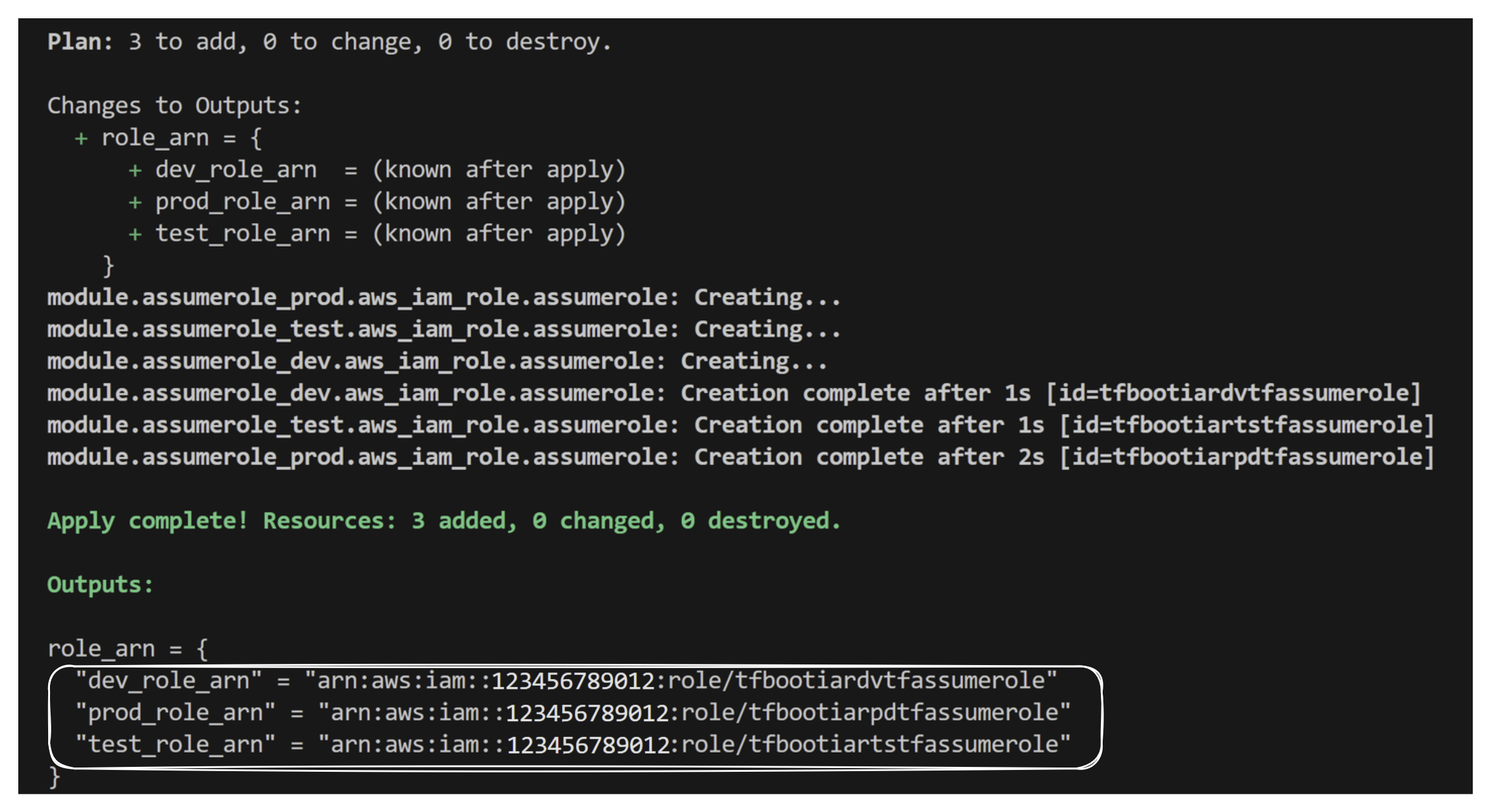 Account setup Terraform output