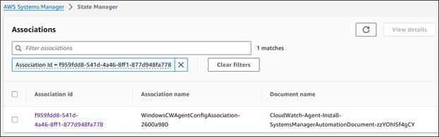 Systems Manager console – Find the Association id by filtering for the Physical ID.