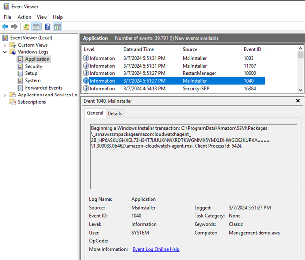 Windows Server Event Log – starting the CloudWatch agent installation.