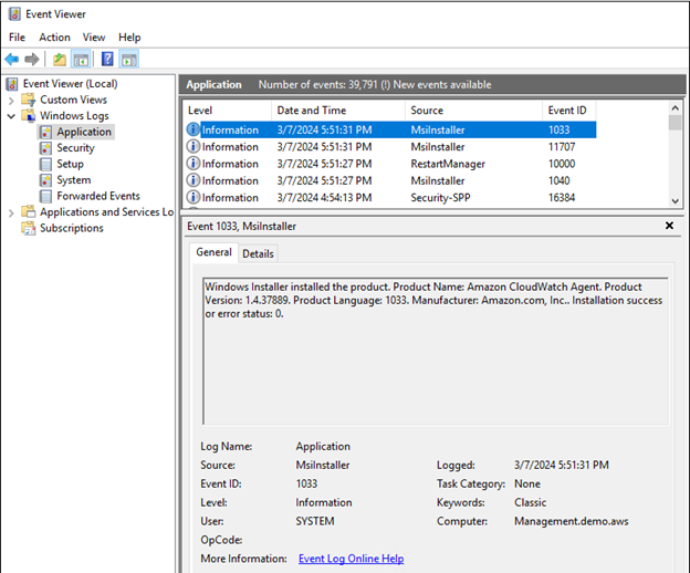Windows Server Event Log – Successful installation of the CloudWatch agent.