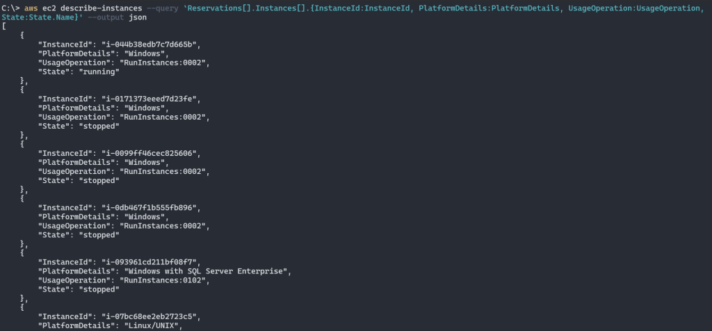 Output of AWS CLI command in json format showing the instanceID,PlaformDetals,UsageOperations, and instance state