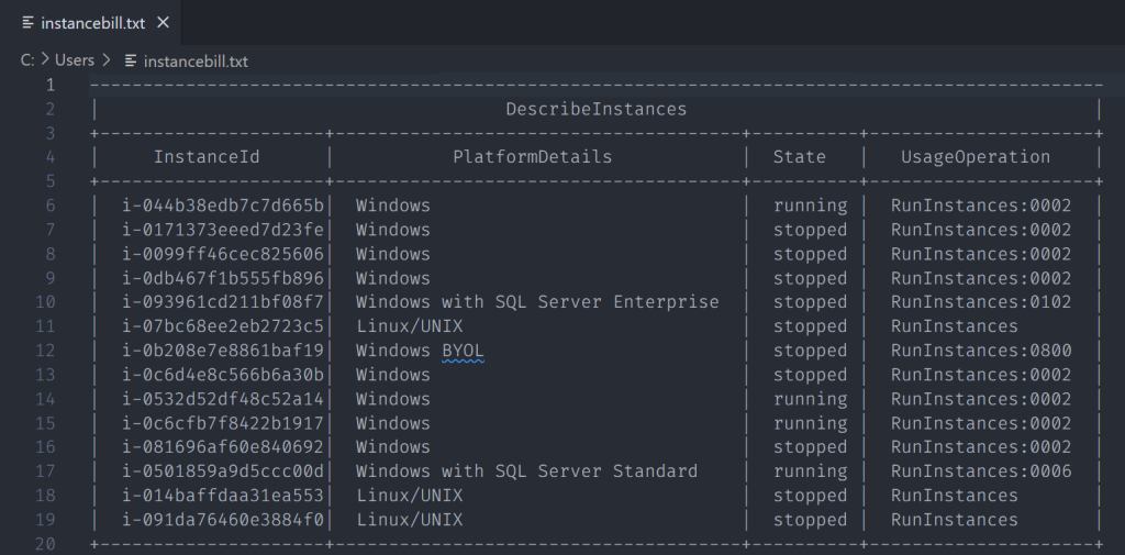 table Output of AWS cli command instanceID,PlaformDetals,UsageOperations, and instance state written to a text file
