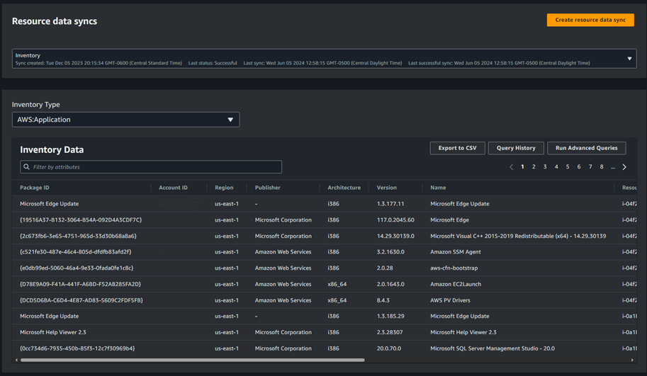 AWS Console screenshot showing the AWS Systems Manager inventory screen