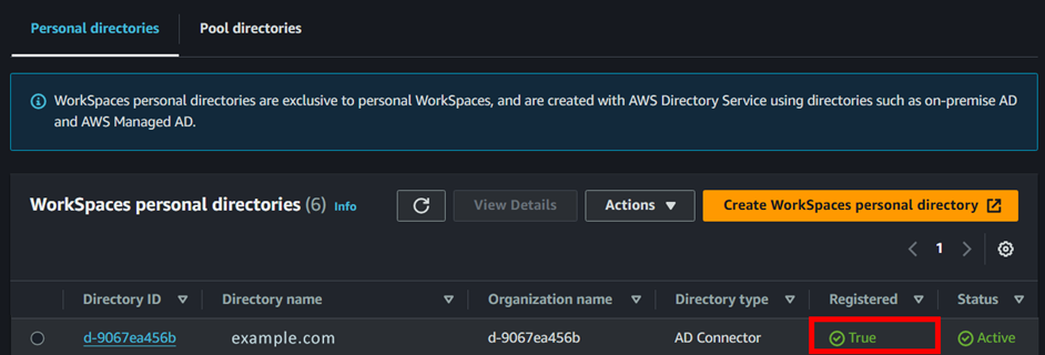 AWS Workspaces console personal directories with registered directory highlighted with a red box around the Registered status set to true