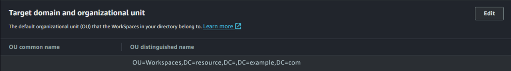 screenshot of Edited target domain and organization unit with Compute resource domain as target OU in the Workspaces Directories configuration