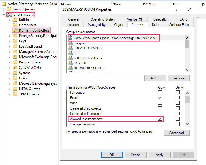 Figure 6 shows a screenshot of how to grant AWS application specific service accounts "allowed to authenticate" access to self-managed AD resources over the trust.
