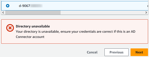 Figure 4 shows a screenshot of an error that occurs with Amazon WorkSpaces when you initially configure selective authentication.