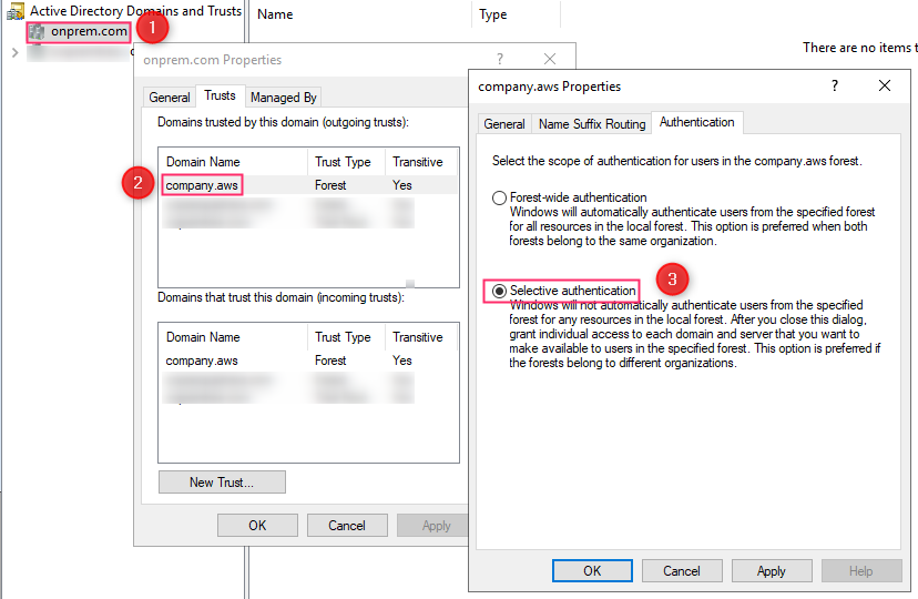 Figure 3 shows how to configure selective authentication in the Active Directory Domains and Trusts snap-in.