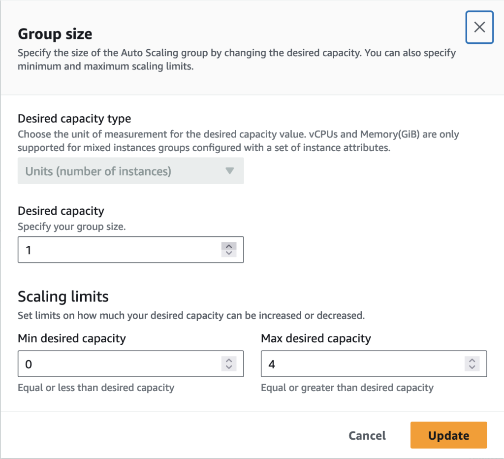 Figure 9 - Manually changing the Desired Capacity from 0 to 1, manually adding a new Amazon EC2 instance to the Auto Scaling group.
