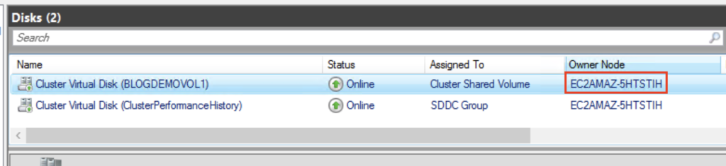 Test failover completed successfully with new CSV owner node visible in Failover cluster manager
