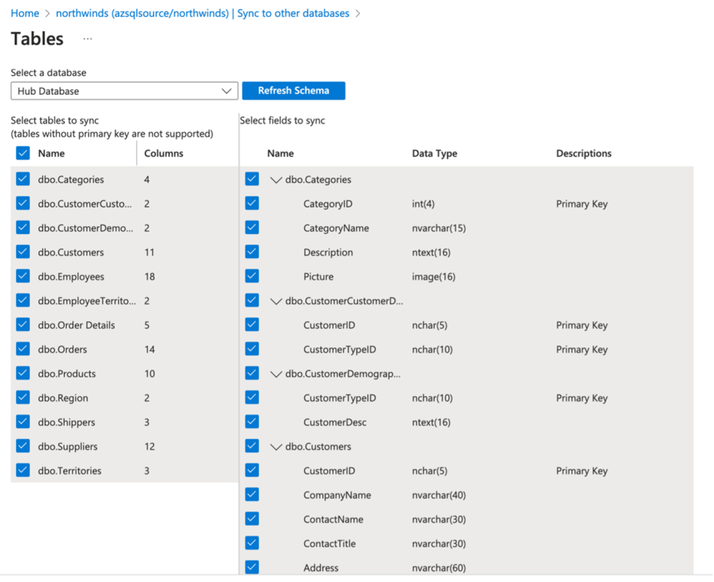 Select tables for synchronization