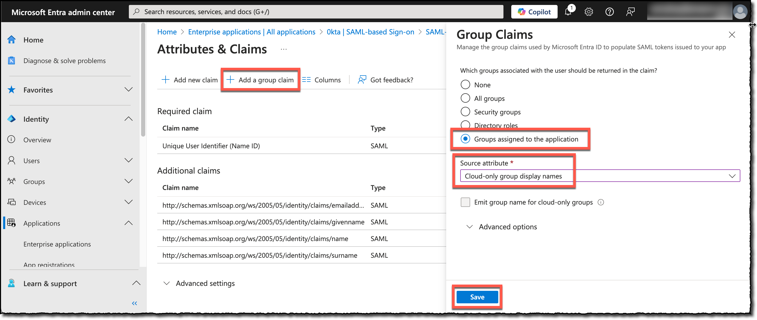 Highlighted steps to add a group claim to the Entra ID SAML assertion