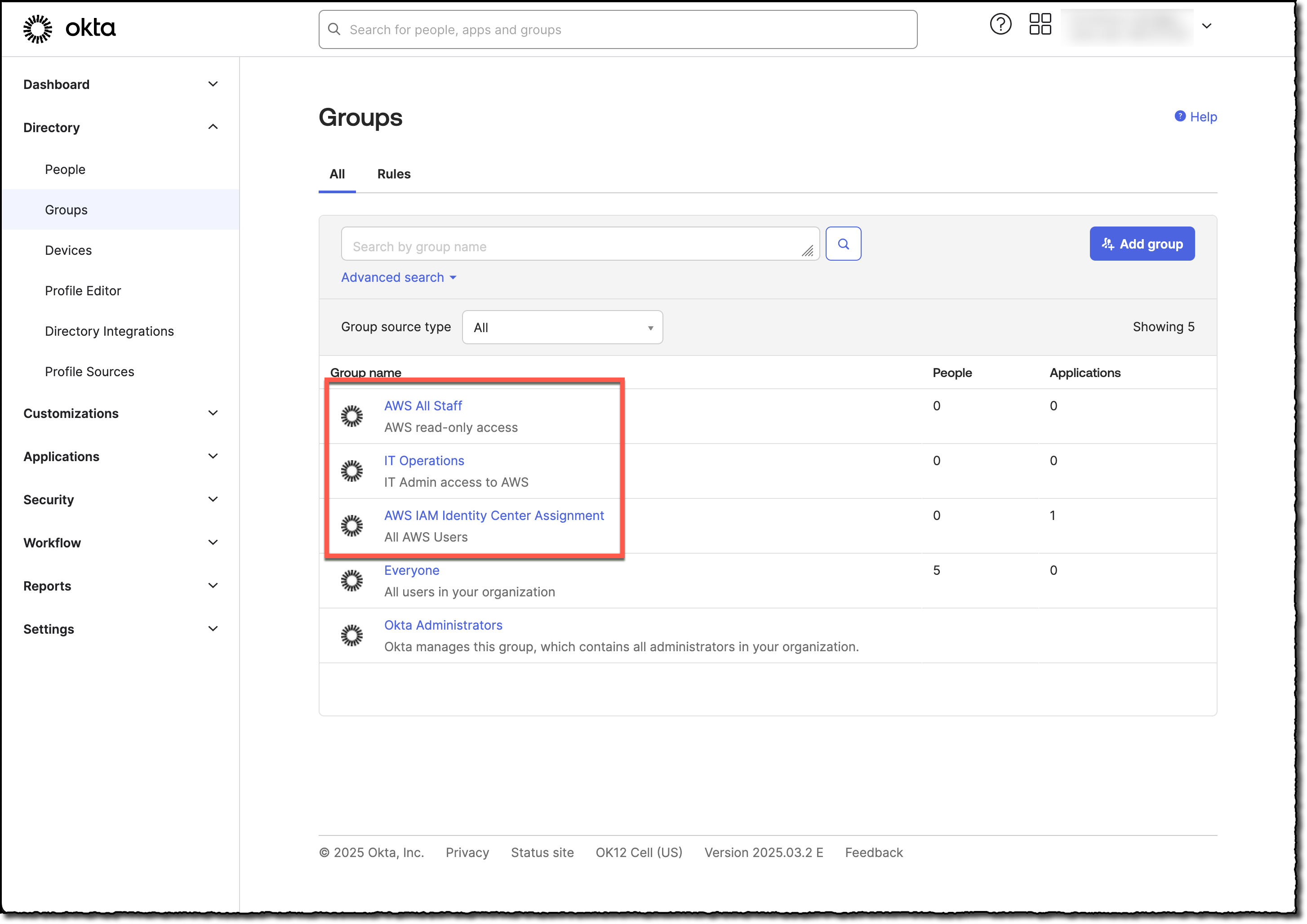 Highlight of the three Okta groups that were created: AWS All Staff, IT Operations, and AWS IAM Identity Center Assignment.