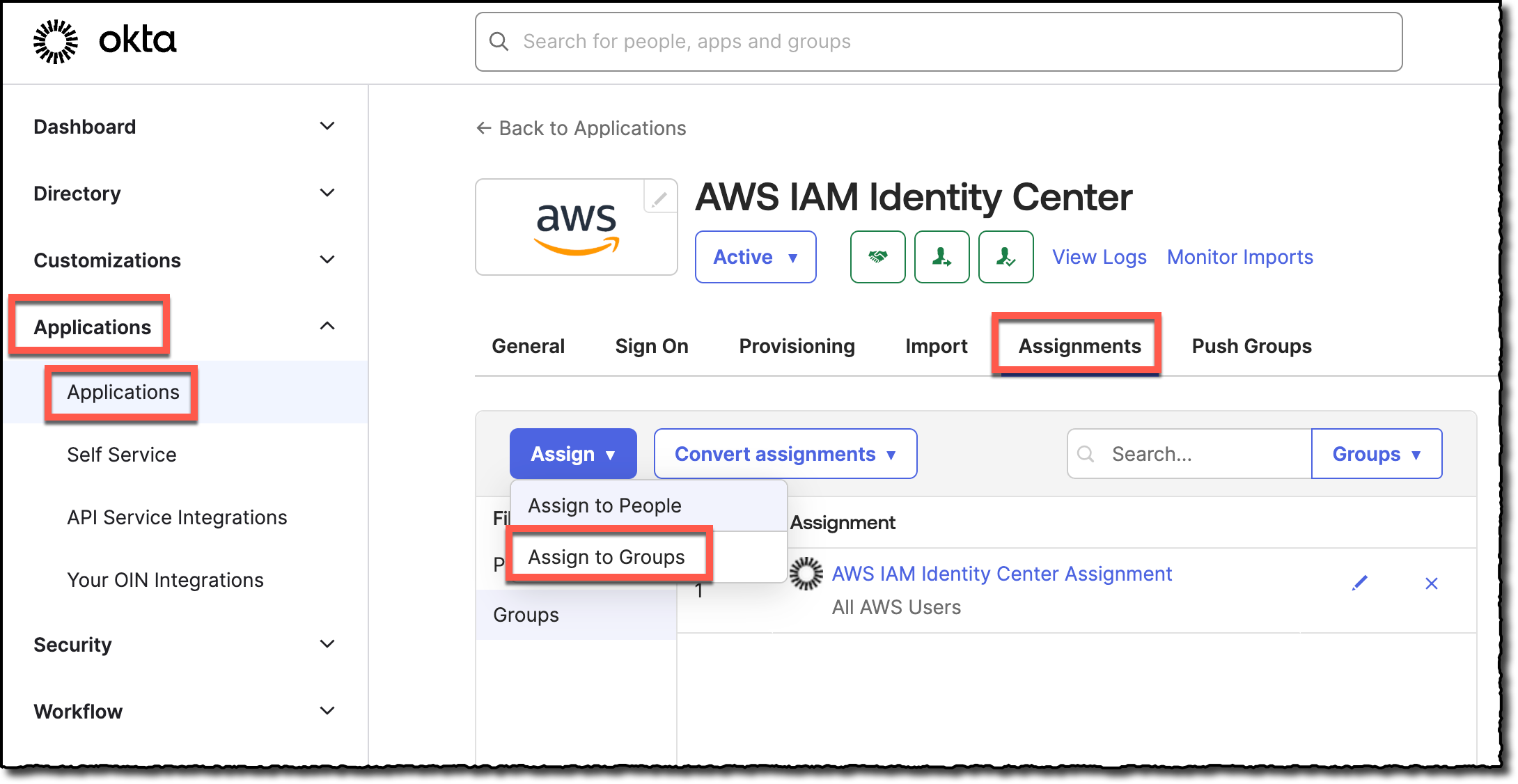 Highlight of the steps needed to create group assignments to the Okta application.