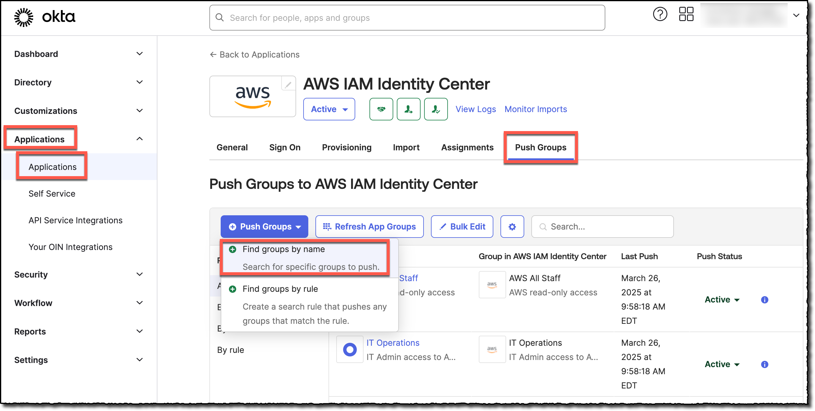 Highlight of the steps needed to create push group assignments to enable SCIM provisioning to AWS IAM Identity Center.