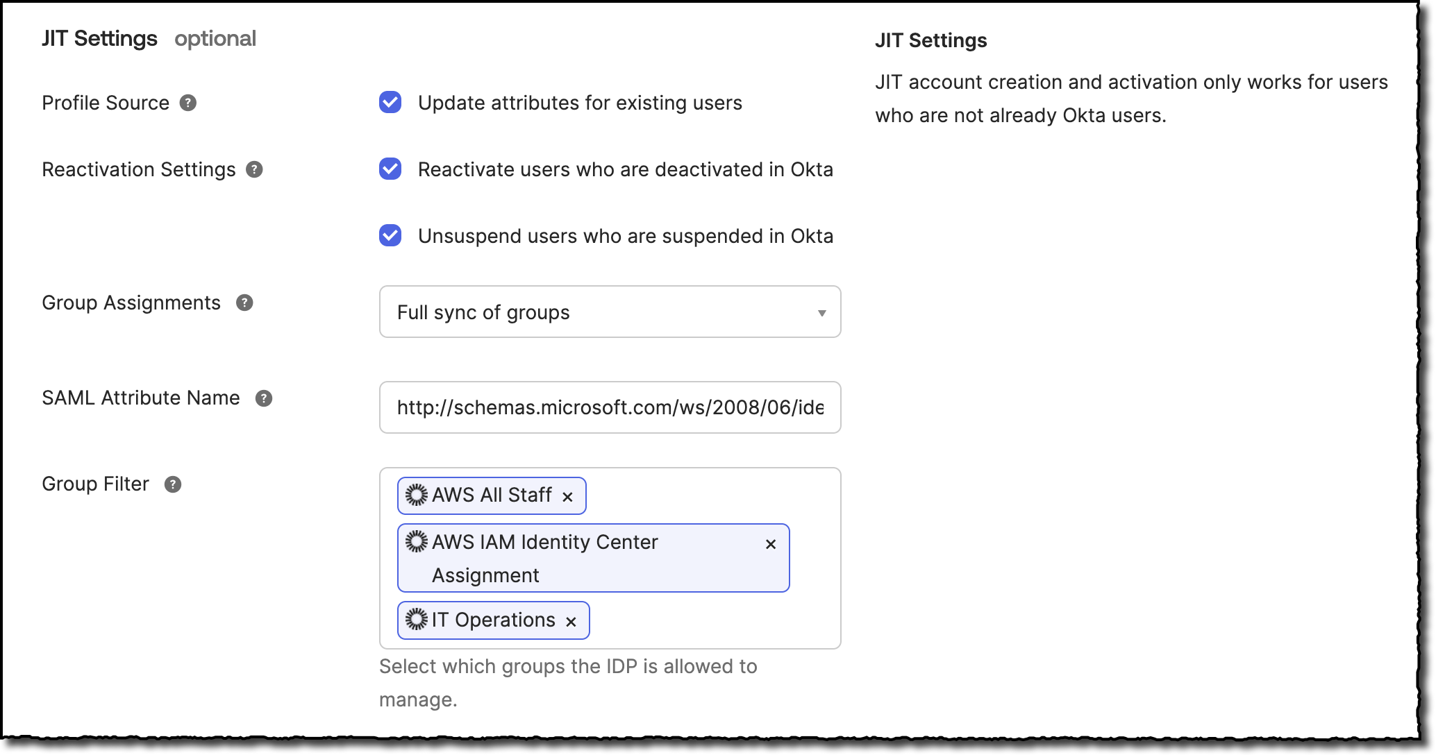 Configuration settings for the JIT feature in Okta.