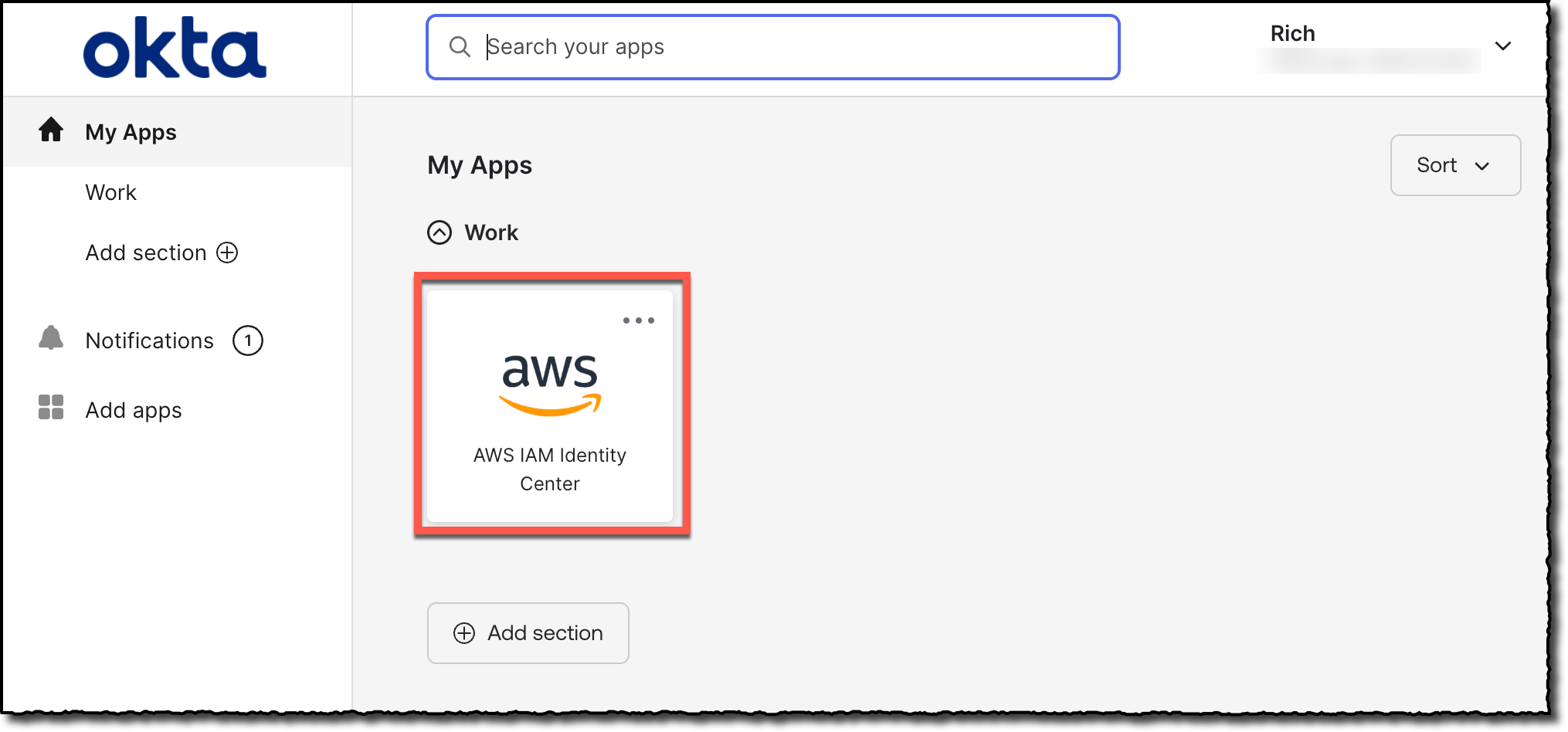 The Okta My Apps portsal with the AWS IAM Identity Center application highlighted.