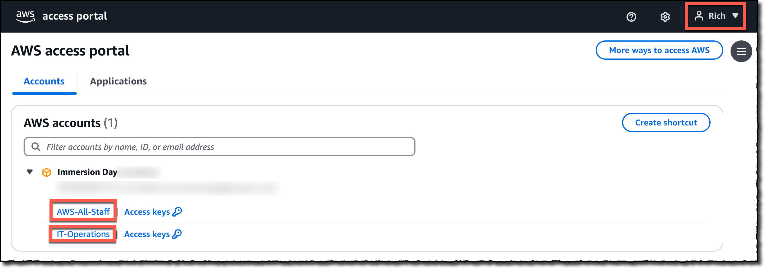 The AWS access portal with two permission sets hightlighted: AWS-All-Staff and IT-Operations.