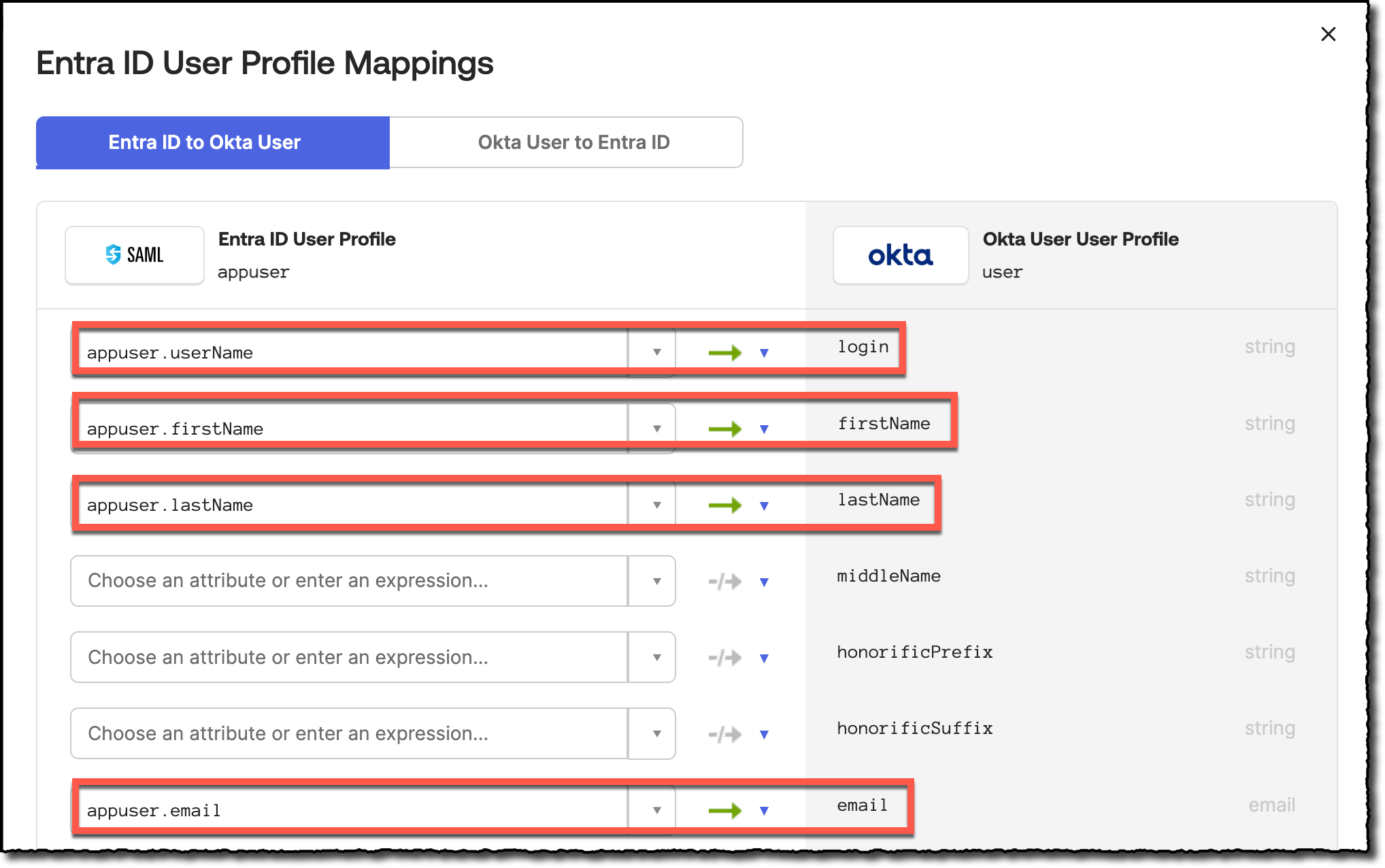 Mapping the login, firstname, lastname, and email attributes from the SAML assertion to the Okta user profile.