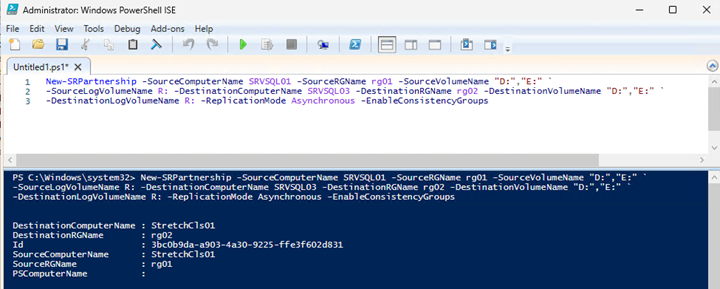 Figure showing the PowerShell output when creating the Storage Replica partnership.