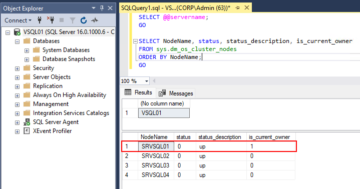 Figure showing the current SQL Server Failover Cluster Instance node owner.