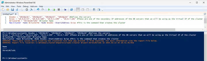 Picture highlighting the cluster creation using PowerShell script.