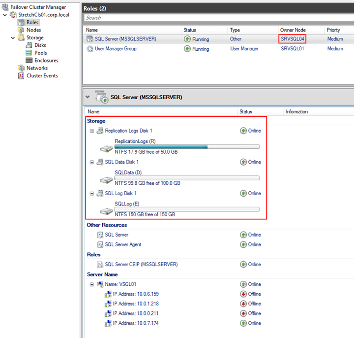 Figure of the Failover Cluster Manager snap-in showing the second node of the second AZ as the current owner of the replicated disks.