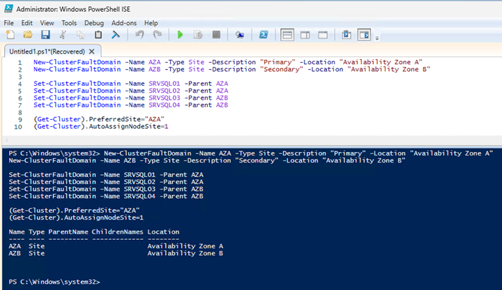 Figure showing the output of the PowerShell script that setups the Fault Domains within the cluster.