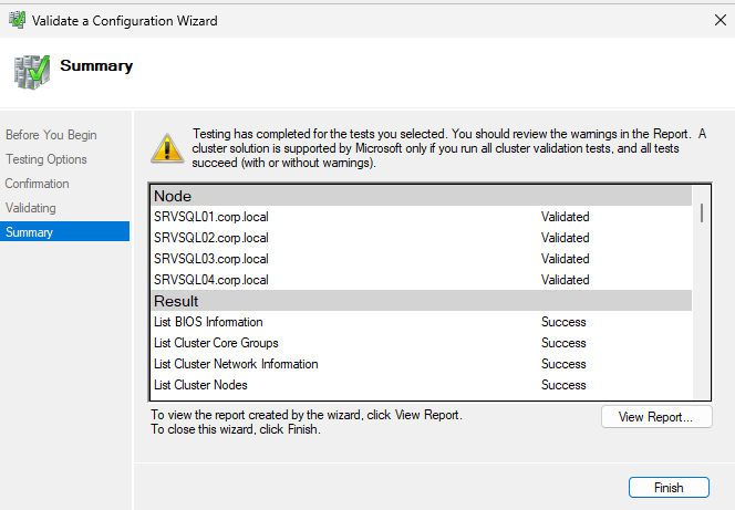 Figure showing the cluster validation result with expected warnings.