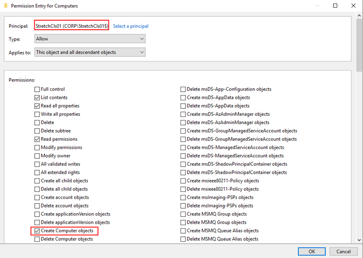 Figure showing the final step of adding the Active Directory permission to the cluster computer object.