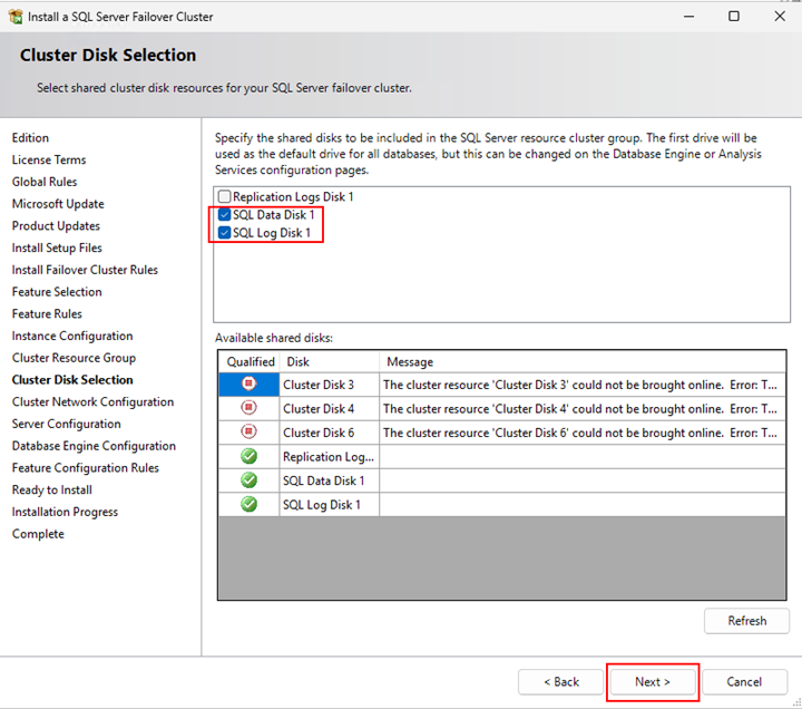 Figure showing the disk selection to be used by the SQL instance.
