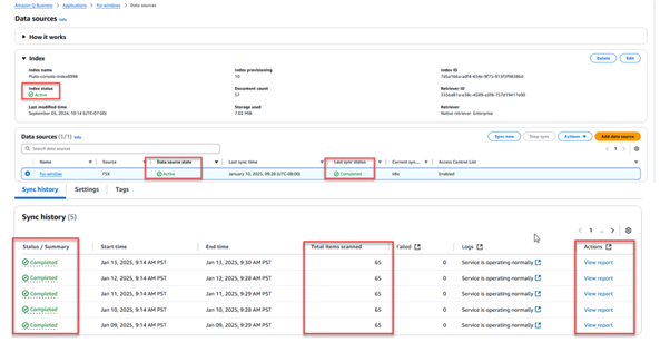 Figure 14 – Amazon Q Business data source sync status.