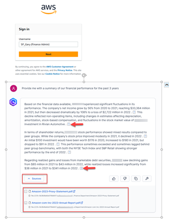Figure 16 – Amazon Q AI assistance query response using Finance admin access.