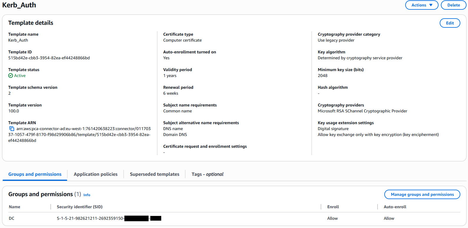 Certificate template details for Kerberos authentication certificate template.