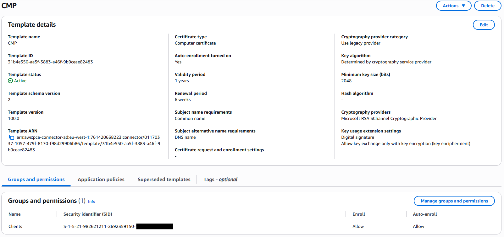 Certificate template details for Workstation authentication certificate template.