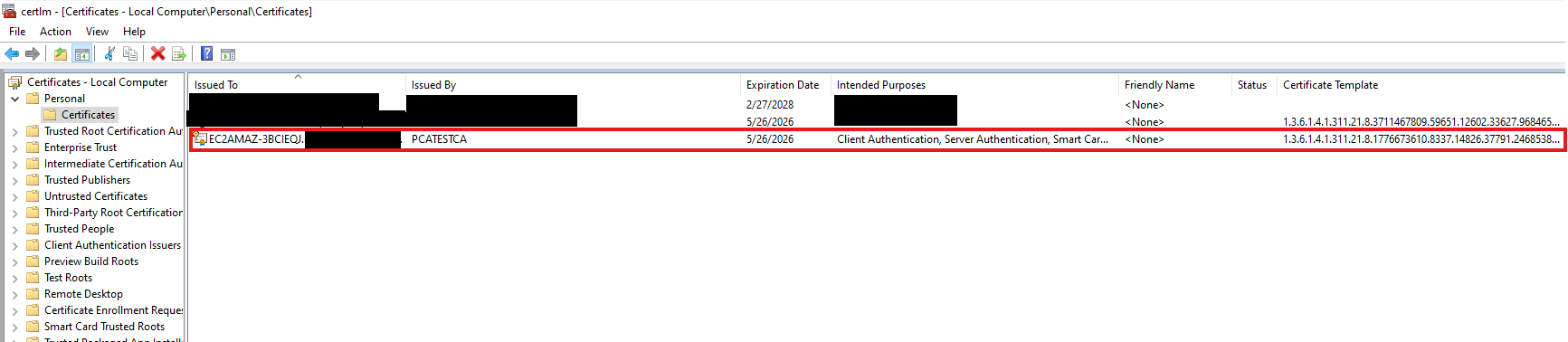 Local Computer certificates MMC to validate Kerberos auth certificate.