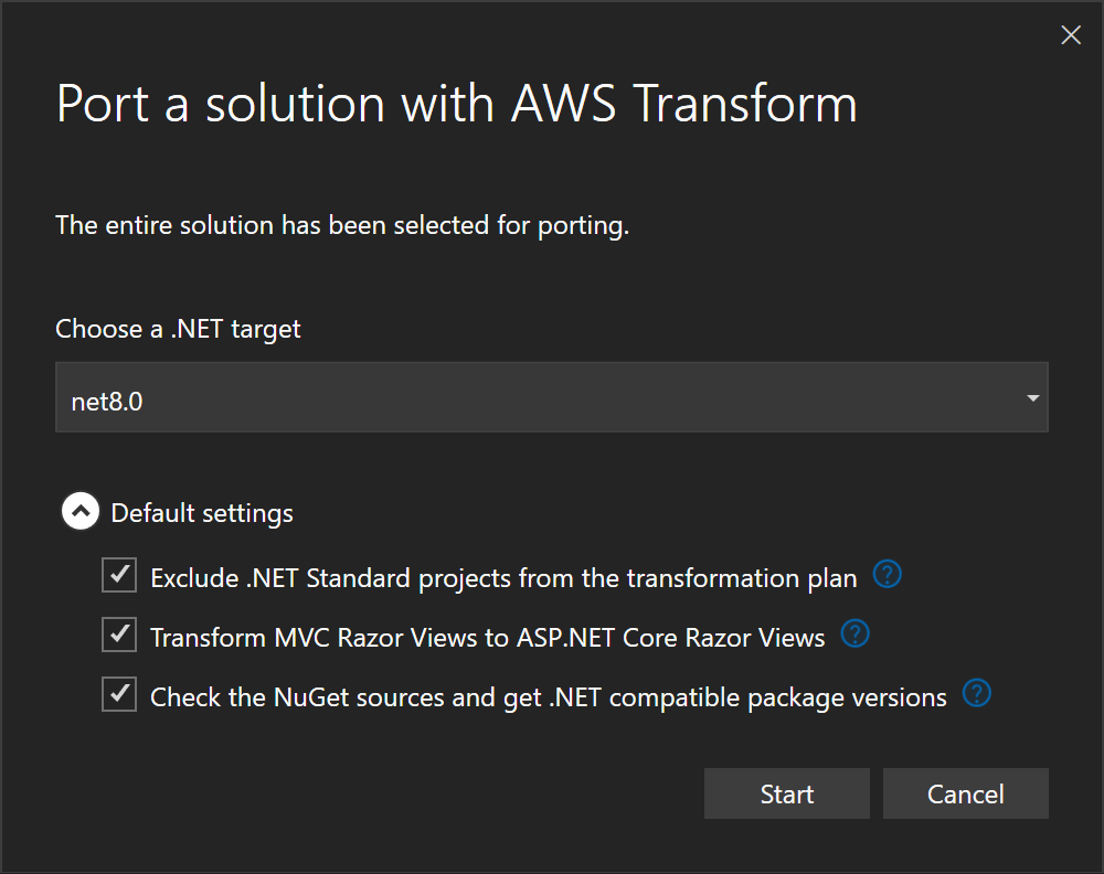 Image 11 – Settings for AWS Transform for .NET