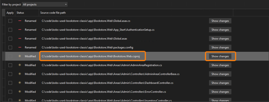 Image 17 – Show changes for Bookstore.Web.csproj