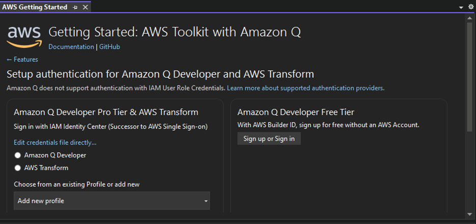 Image 2 - AWS Toolkit Amazon Q Developer & AWS Transform fields