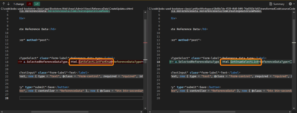 Image 21 – Diffs for CreateUpdate.cshtml (Razor code in MVC view)