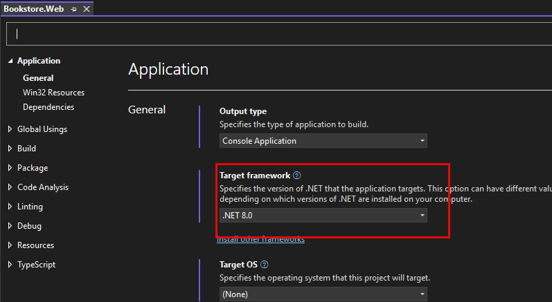 Verify the Target framework version of .NET 8 in Visual Studio