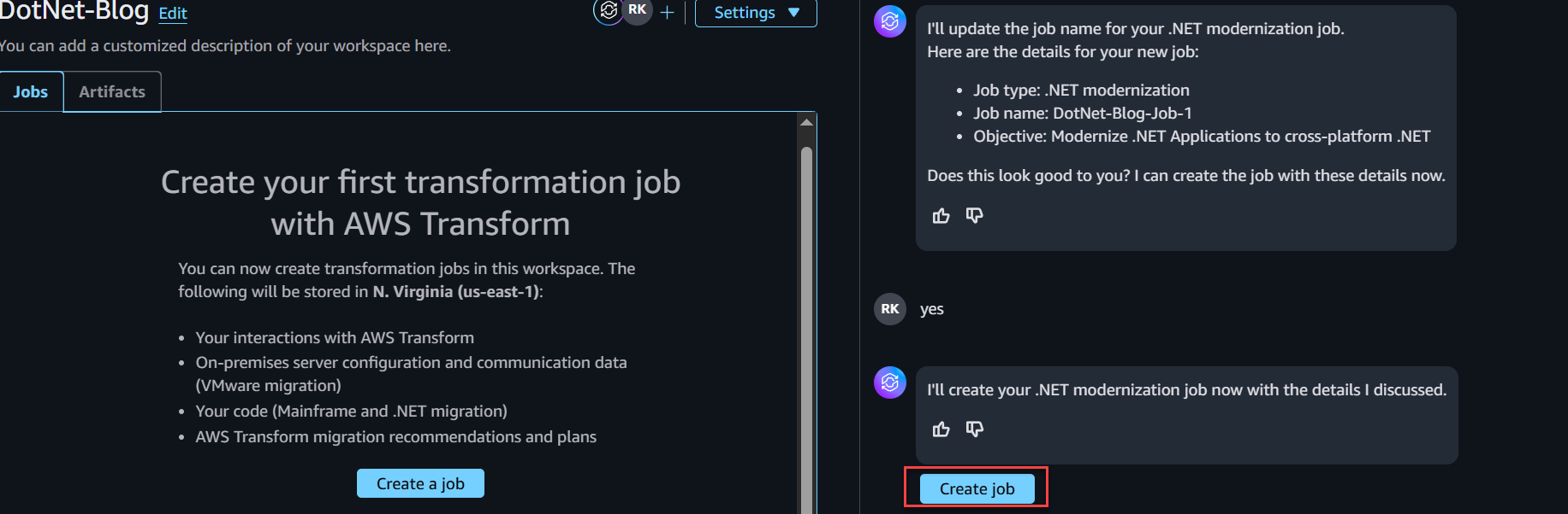 Confirm the configurations to create a .NET job